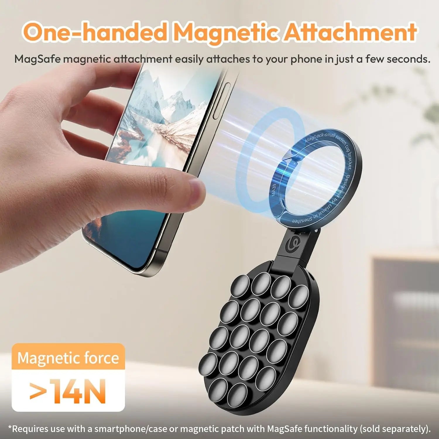 Shoppikala Ulanzi MA39 magnetic smartphone desktop stand with suction cup holding an iPhone on glass surface.