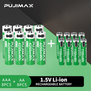 Shoppikala PUJIMAX rechargeable AAA/AA lithium-ion battery with USB-C port, 1.5V, 3400mWh capacity for remote controls and toys.