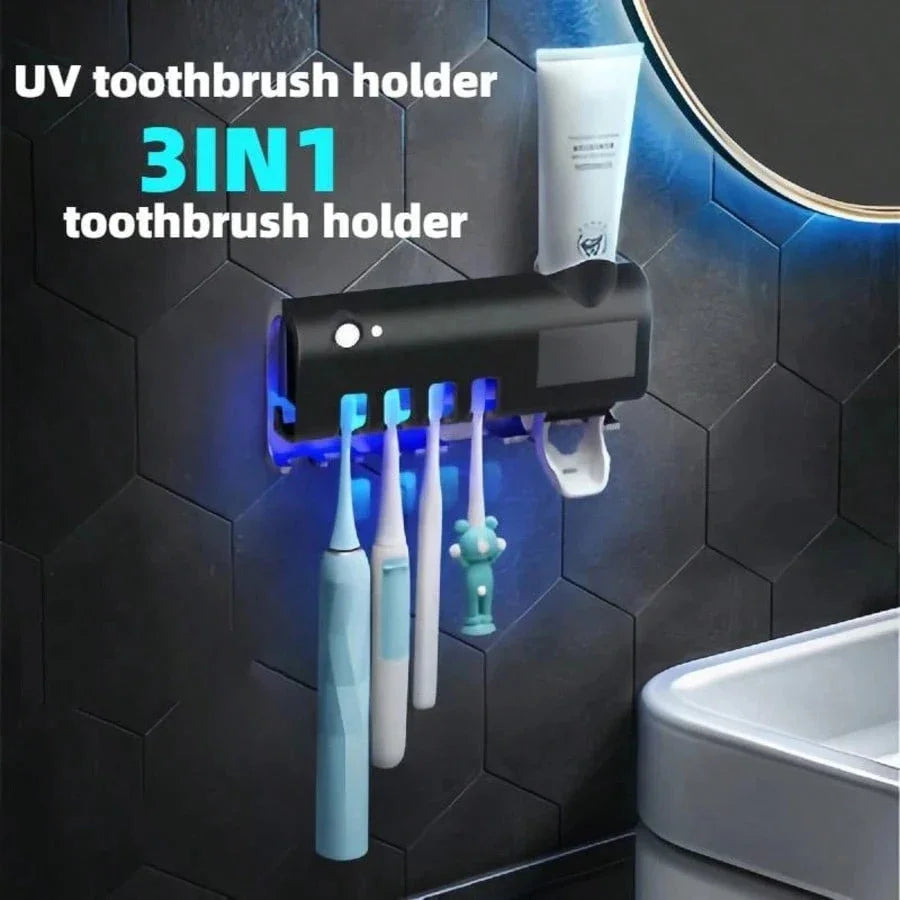 Shoppikala upgraded 3-in-1 electric blue light disinfection toothbrush holder with toothpaste dispenser, wall-mounted, no-drill design