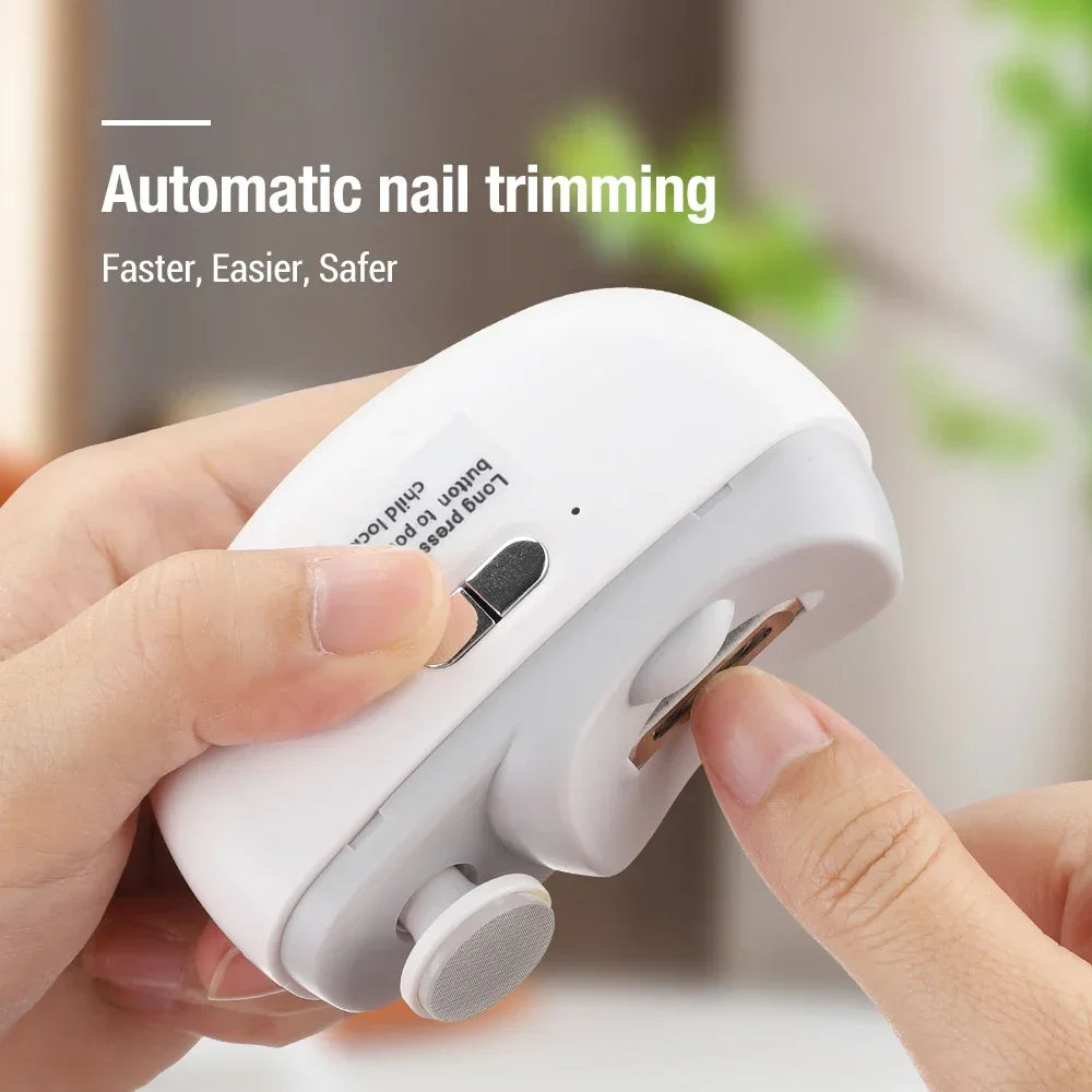 Shoppikala electric nail clipper with light, rechargeable design for babies and adults, featuring grinding, polishing, and trimming functions.