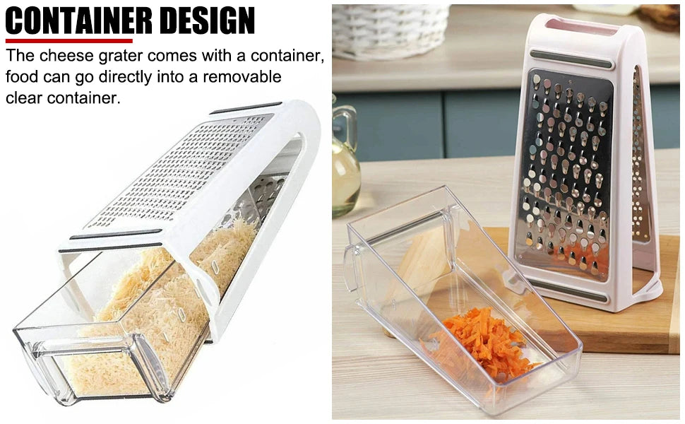 Stainless steel cheese grater with storage container, two-sided box grater for vegetables, ginger, and potatoes in a kitchen setting