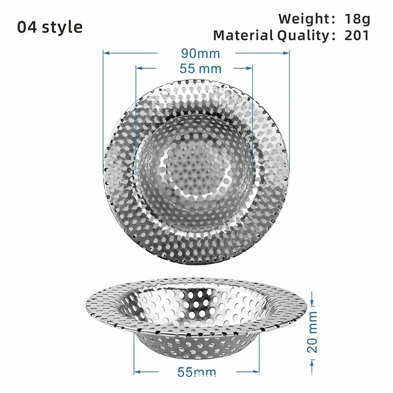 Stainless steel kitchen sink strainer with mesh filter for bathroom and shower drain, preventing hair and debris blockage.