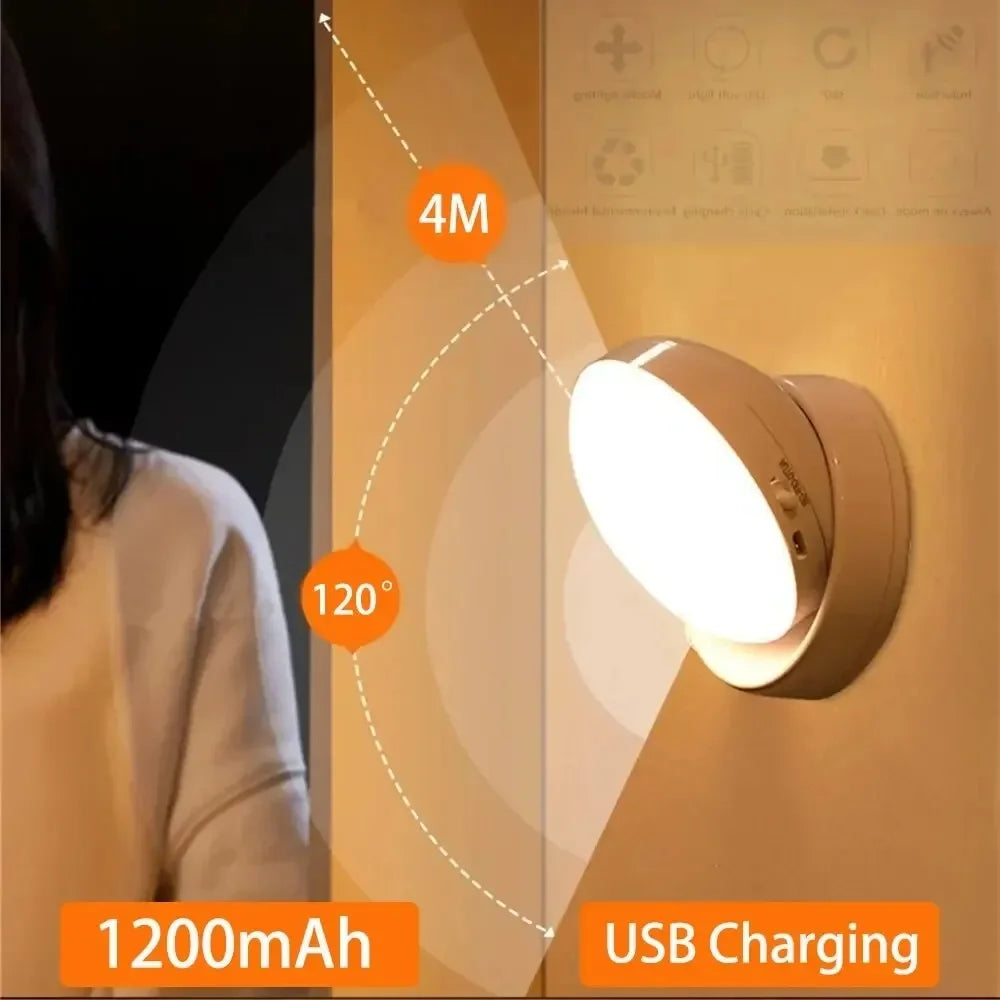 Rechargeable wireless LED night lamp with motion sensor, 360° rotating magnetic design for kitchen, bedroom, or bedside table.