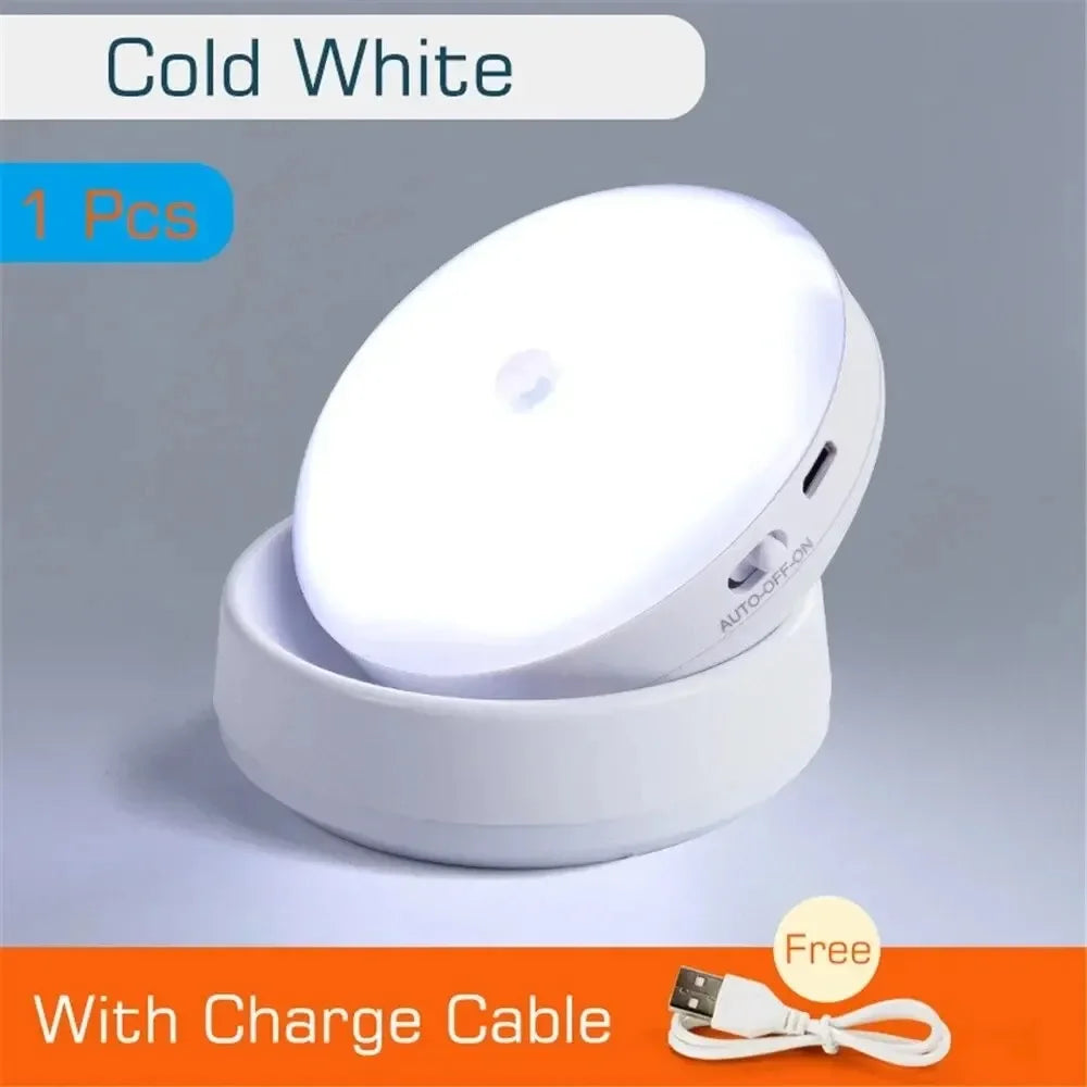 Rechargeable wireless LED night lamp with motion sensor, 360° rotating magnetic design for kitchen and bedside tables.