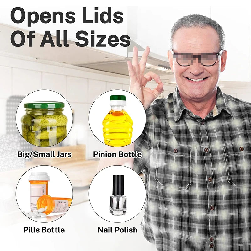 Shoppikala multifunction can opener and jar lid remover kitchen tool on a countertop, with open cans and lids visible.