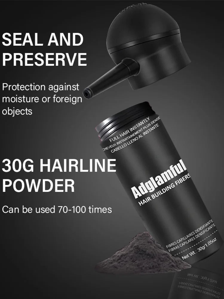 Adglamful Fiber Powder Kit by shoppikala for temporary hair thickening, showing the 30g powder container and application tools.