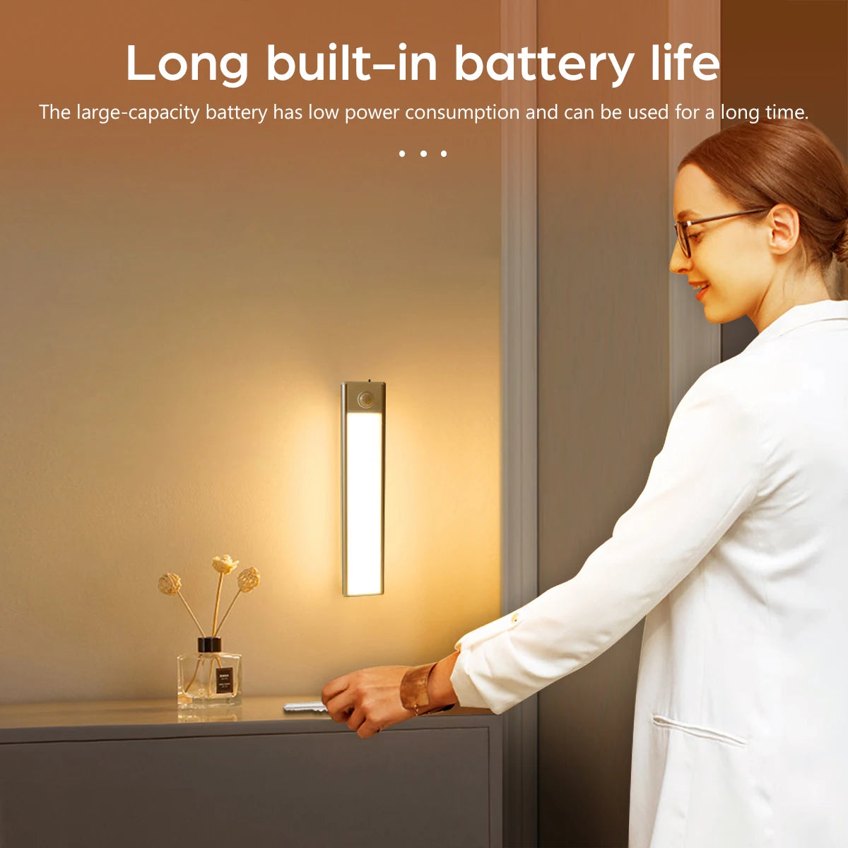 USB rechargeable motion sensor LED cabinet light by shoppikala, showing the compact light with motion detection and USB charging port