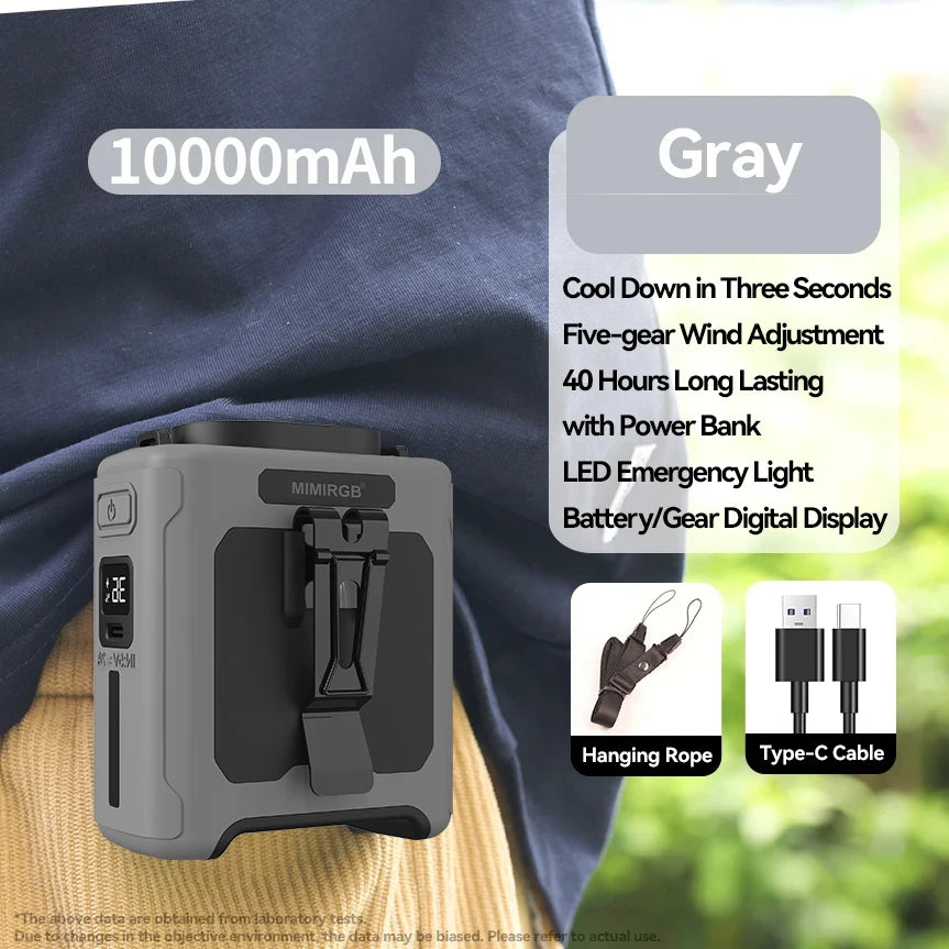 Shoppikala 10,000mAh wearable waist fan with 5 speeds, light, and hands-free cooling for outdoor jobs and travel.