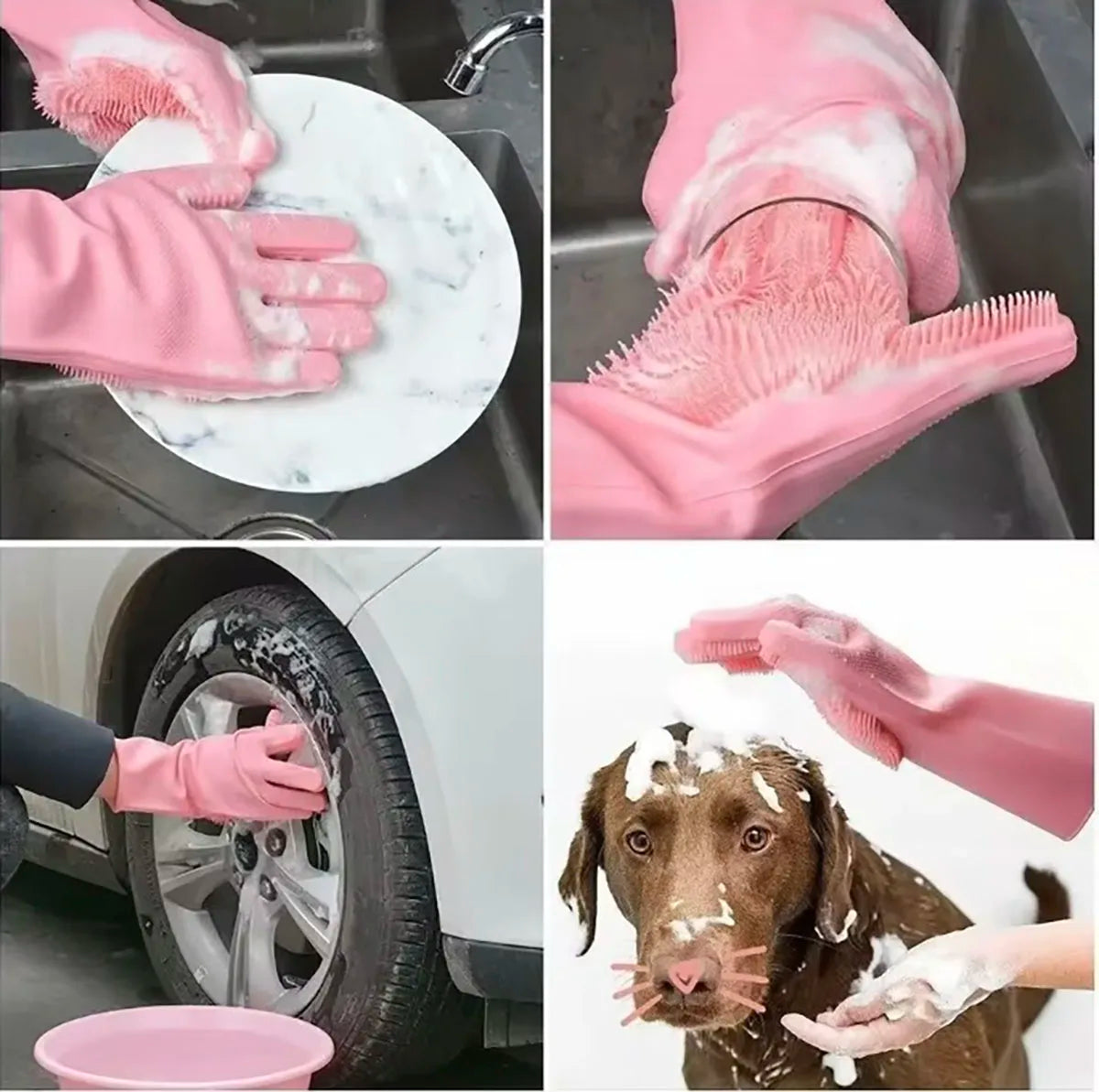 Silicone dishwashing gloves with scrubber for kitchen cleaning, black and yellow, by shoppikala, flexible and durable cleaning gloves.