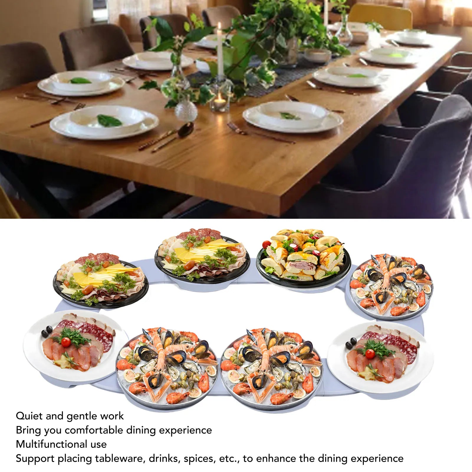 Shoppikala 360° rotating table turntable tray for food organization, reusable, portable, and multifunctional for dining tables.