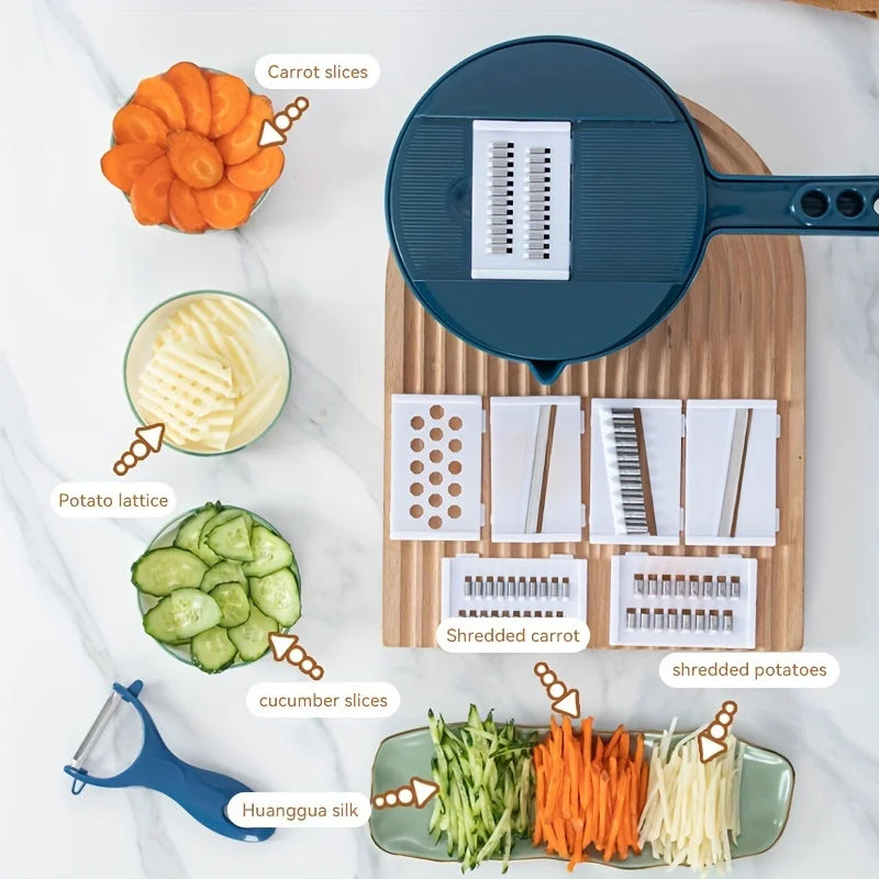 Shoppikala 12-in-1 vegetable chopper with various blades for slicing, shredding, and grating carrots in commercial kitchens.