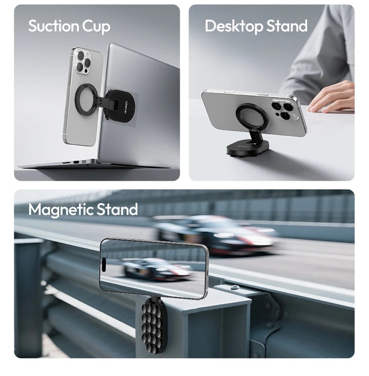 Ulanzi MA39 magnetic smartphone desktop stand with suction cup, aluminum mini pocket stand for iPhone, glass windows, and laptops.