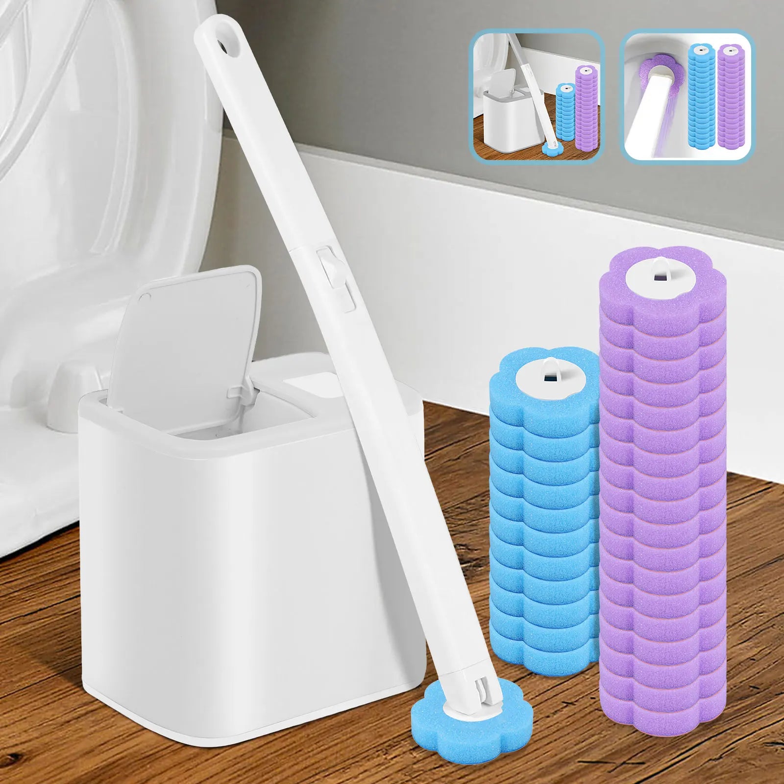 Disposable toilet brush with long handle and replacement heads from Shoppikala, shown with cleaning brush and replacement heads.