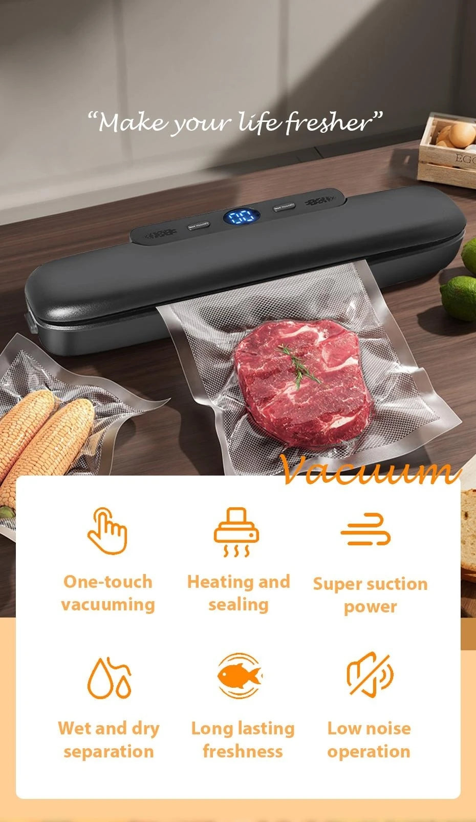 Shoppikala electric food vacuum sealer machine with sealing bags for fresh food preservation and storage.