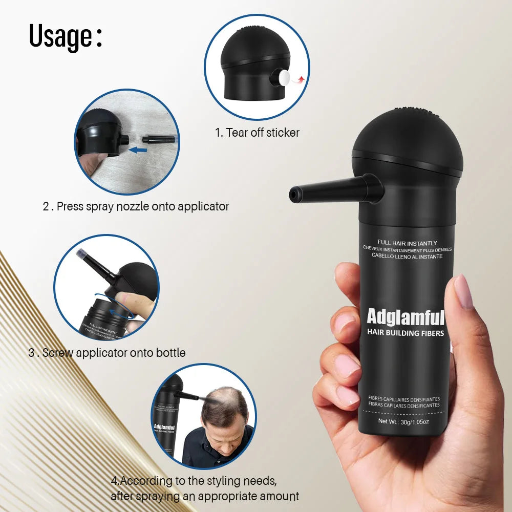 Adglamful Fiber Powder Kit for hair thickening, showing hair fibers, applicator, and storage container for men and women with thinning hair.