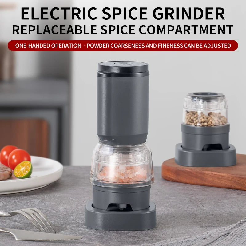 Shoppikala rechargeable electric pepper grinder set with adjustable coarseness and one-handed operation, featuring salt and pepper mills.