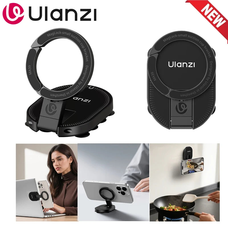 Shoppikala Ulanzi MA39 magnetic smartphone desktop stand with suction cup holding an iPhone on a glass window.