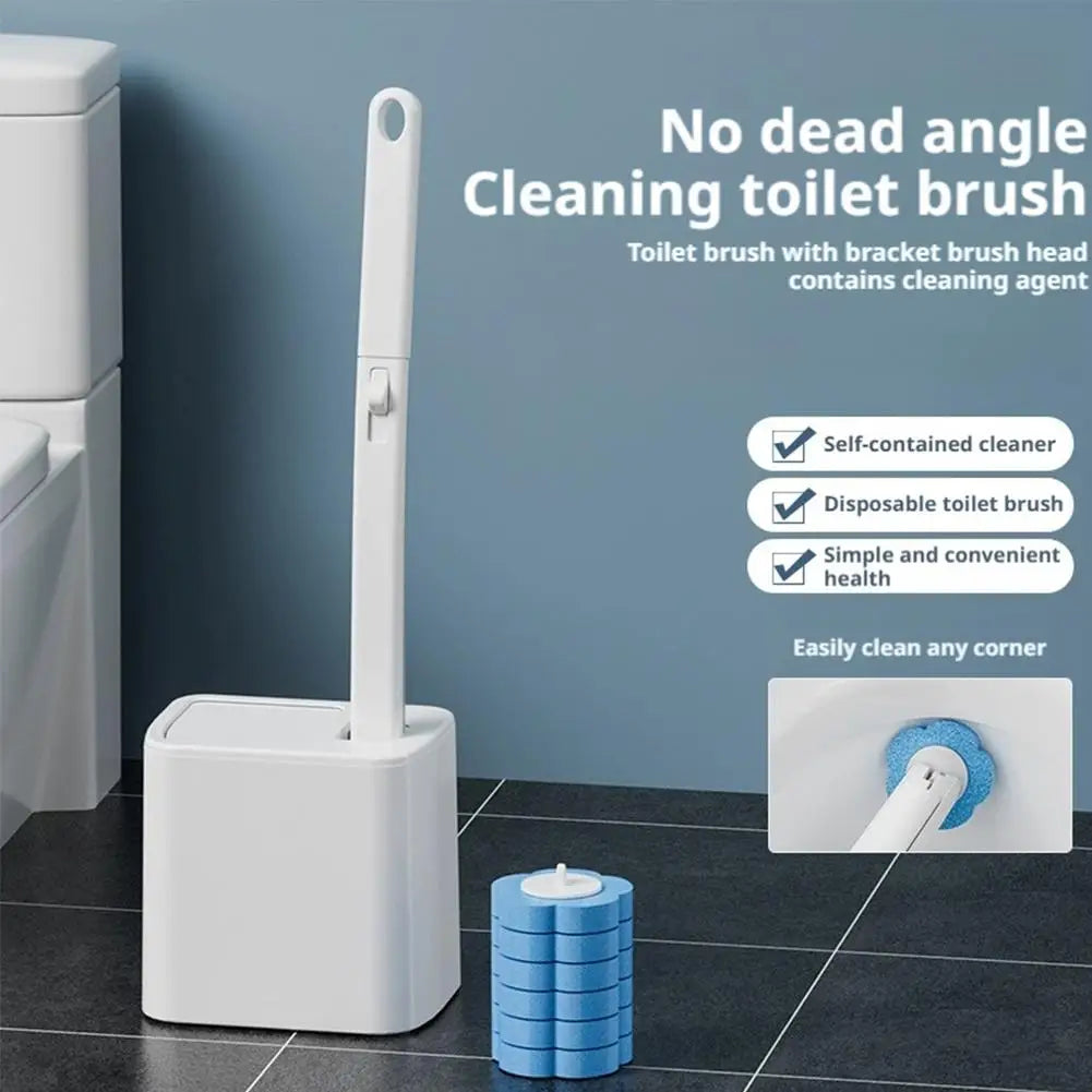 Disposable toilet brush with long handle and replacement heads from shoppikala, showing the brush and spare heads for cleaning.