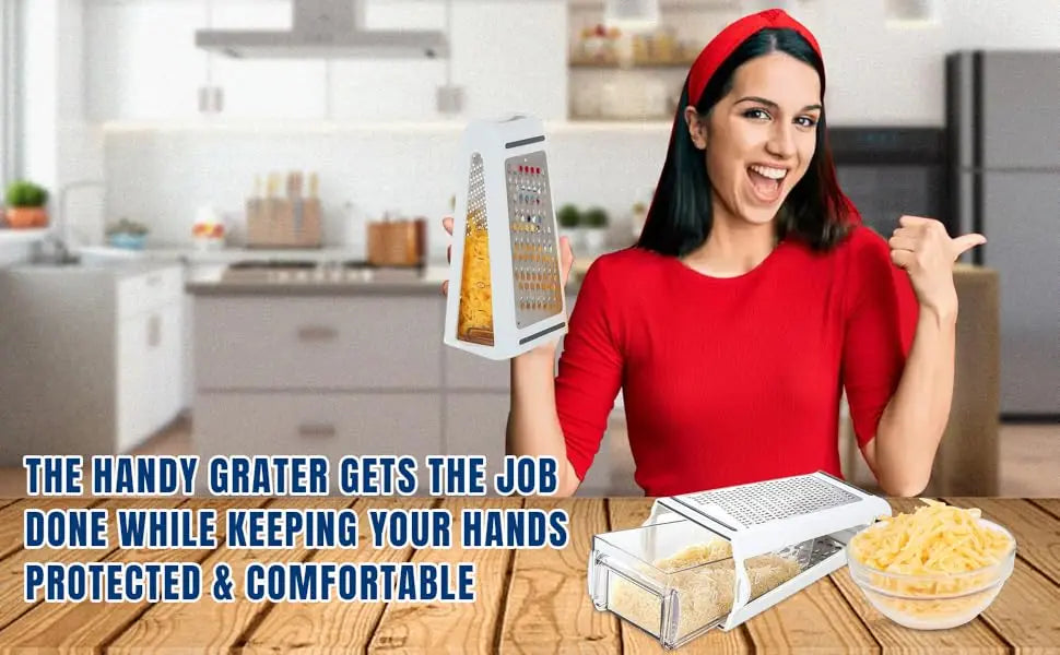 Stainless steel cheese grater with storage container, two-sided box grater for vegetables, ginger, and potatoes, by shoppikala.
