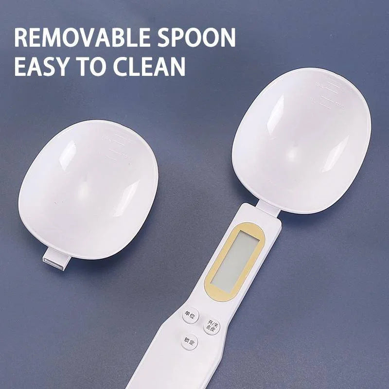 Shoppikala digital kitchen scale with food spoon, showing 500g capacity, LCD display, used for measuring milk, coffee, or sugar.