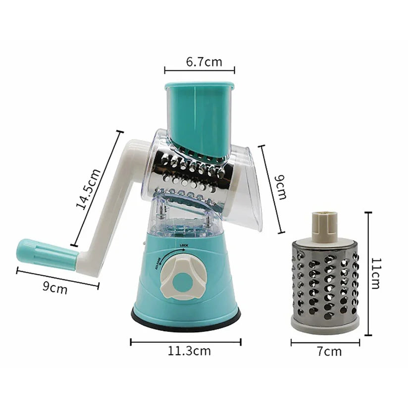 Shoppikala multifunctional vegetable slicer and shredder with three sharp drums for chopping cheese, peanuts, and vegetables manually.