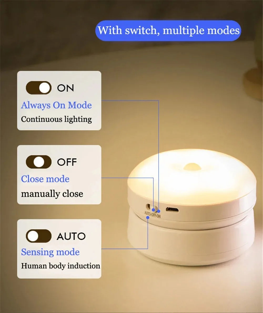Shoppikala rechargeable wireless LED night lamp with motion sensor, 360° rotating magnetic base, ideal for kitchen and bedside.