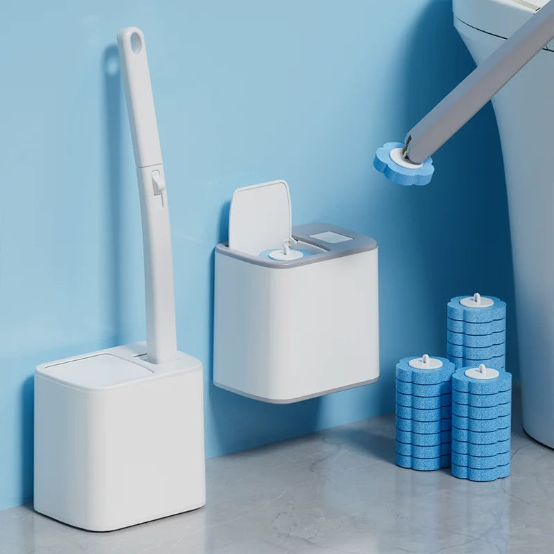 Disposable toilet brush with long handle and replacement heads from shoppikala, showing the brush and extra replacement heads.