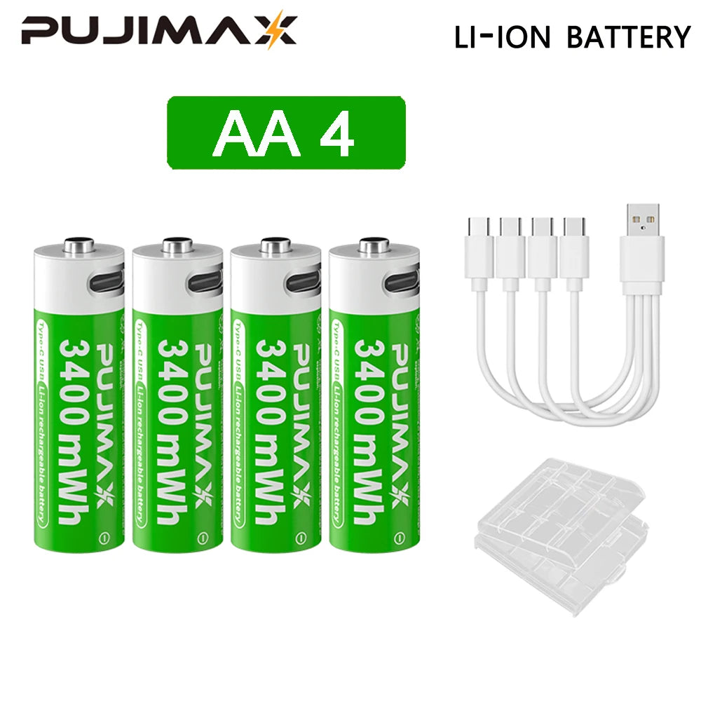 Shoppikala PUJIMAX rechargeable AAA/AA lithium-ion battery with USB-C port, 3400mWh capacity, for remote controls and electric toys.