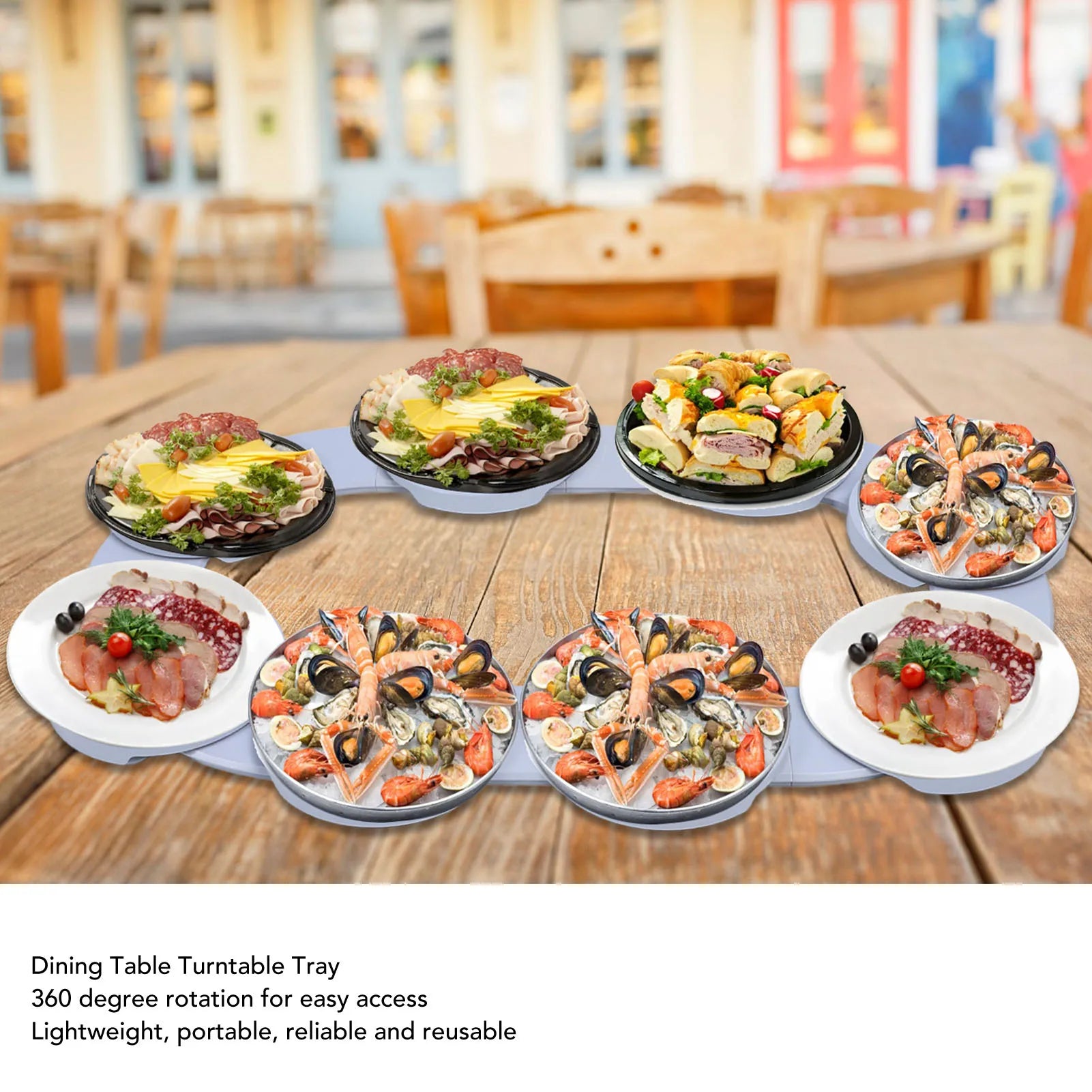 Shoppikala 360° rotating table turntable tray with multifunctional food organizer on a dining table, reusable and portable design.