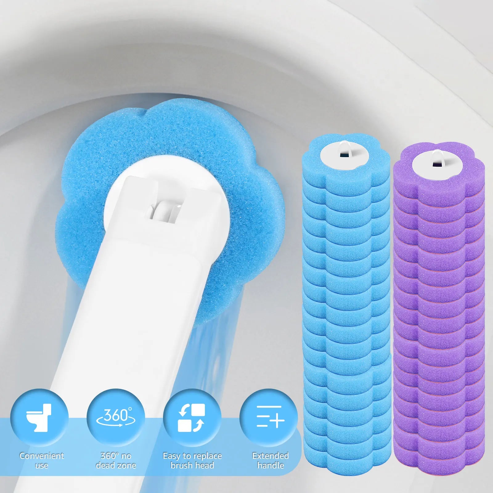 Disposable toilet brush with long handle and replacement heads from shoppikala, shown with the brush and extra replacement heads.