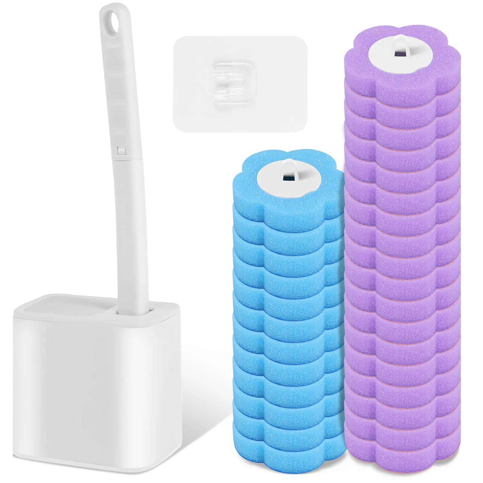 Disposable toilet brush with long handle and replacement heads from shoppikala, showing the brush with attached handle and spare heads.