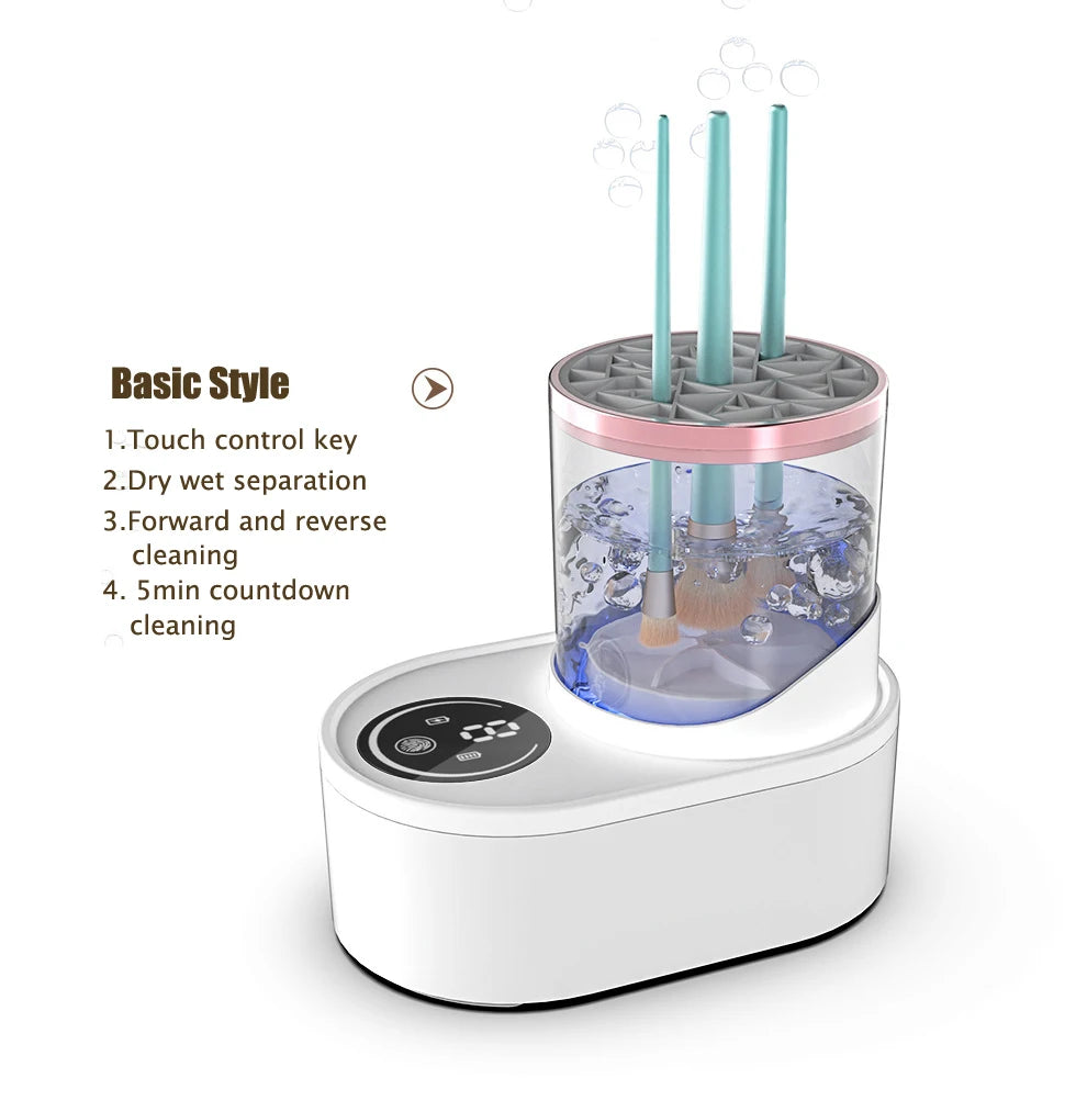 Shoppikala 3-in-1 USB electric makeup brush cleaner machine with rotating brushes and control buttons for easy cleaning.