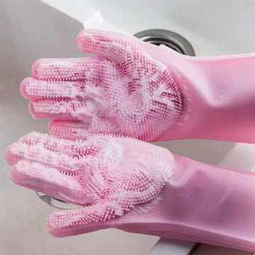 Shoppikala silicone dishwashing gloves with built-in scrubber for kitchen cleaning, shown in a close-up image.