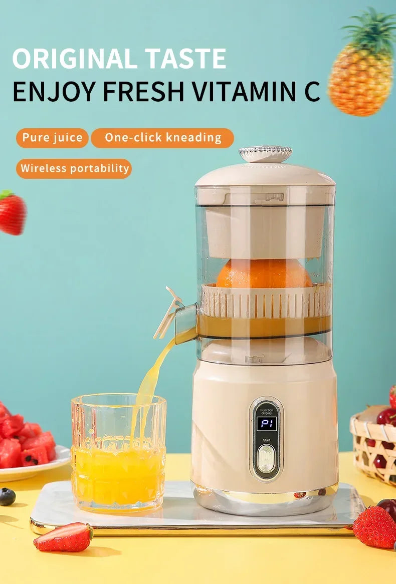 Shoppikala electric orange juicer with portable design, citrus fruit extractor, pulp separation, USB charging, 600ml capacity, smoothie blender