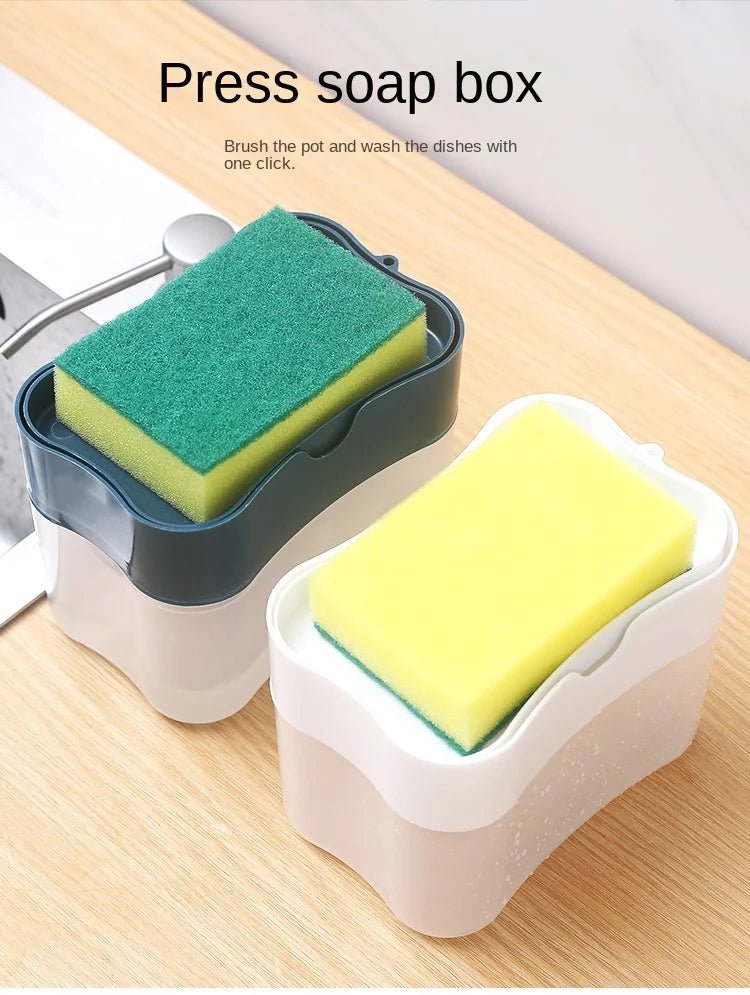 Shoppikala automatic soap dispenser bottle with 380ml capacity, white liquid dish soap pump for kitchen use, next to a sponge.