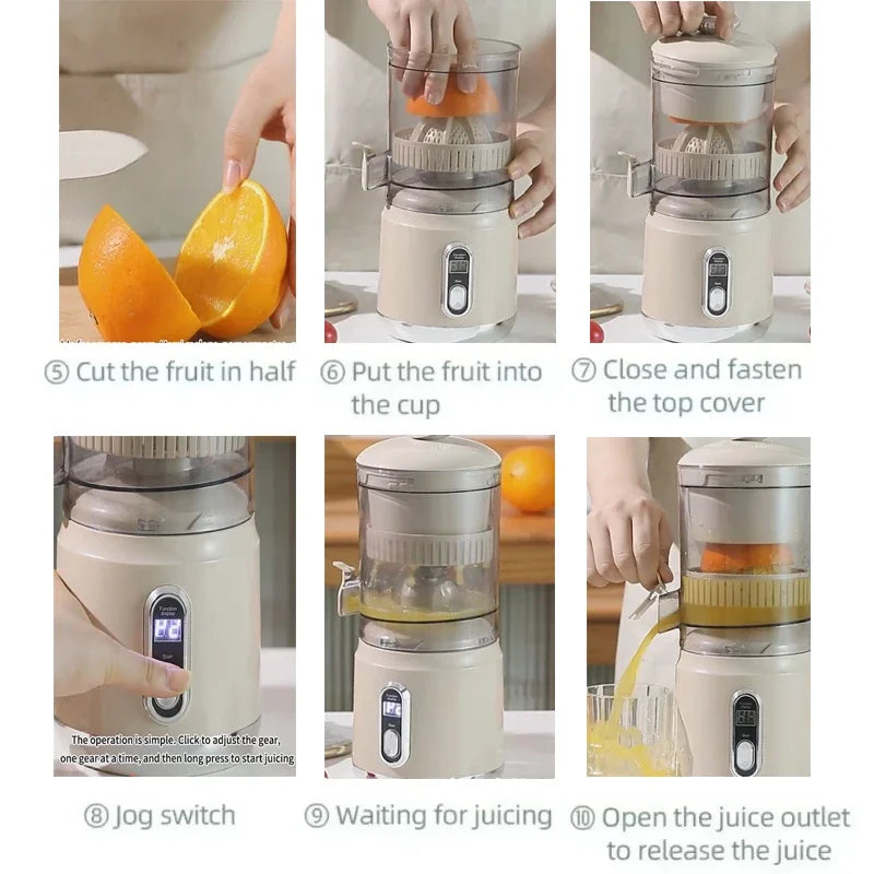 Shoppikala electric orange juicer and portable citrus extractor with pulp separation, USB charging, 600ml capacity, and smoothie blending.
