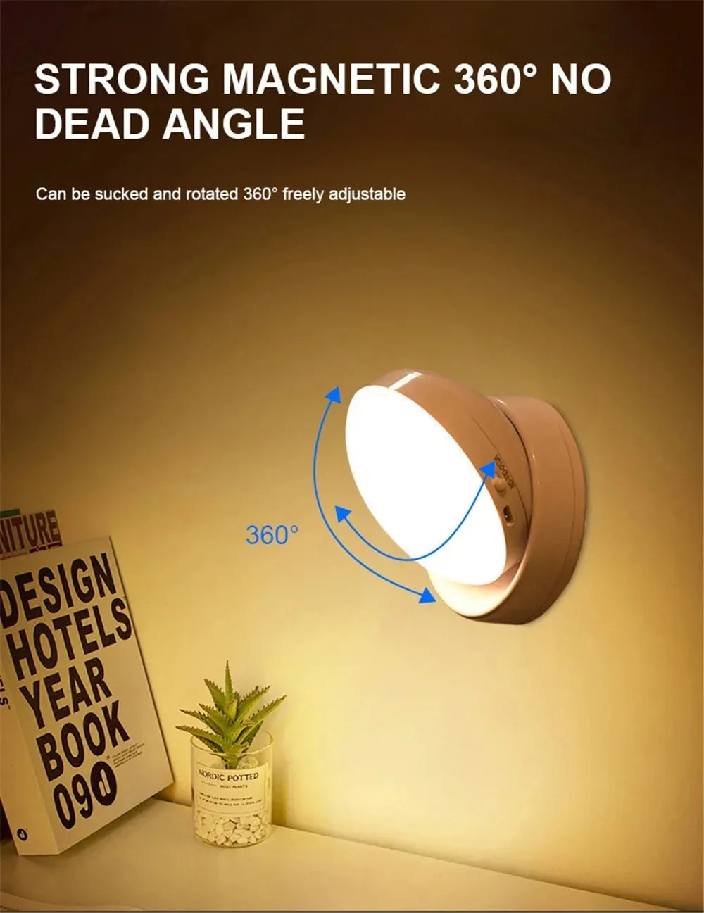 Wireless rechargeable LED night lamp with motion sensor, 360° rotating magnetic base, ideal for bedside tables and kitchens.