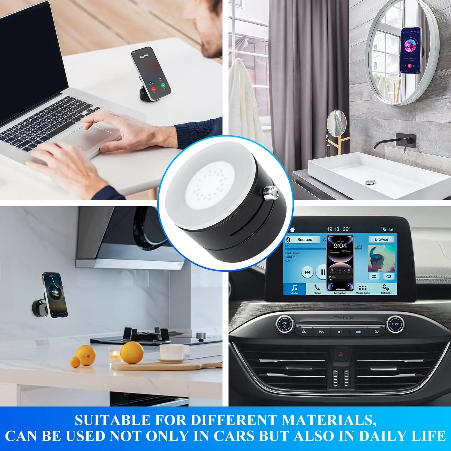 Shoppikala vacuum magnetic suction phone holder with 360° adjustable mount, attached to car dashboard or mirror, holds smartphone securely.