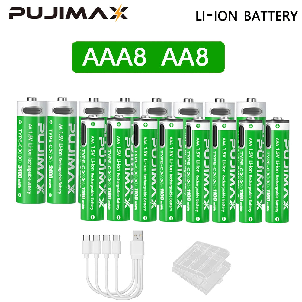 Shoppikala PUJIMAX rechargeable AAA/AA lithium-ion battery with USB-C charging port, suitable for remote controls and electric toys.