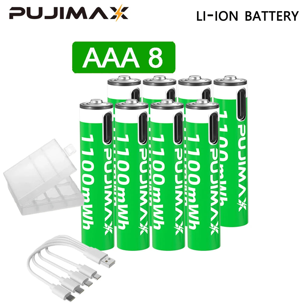 Shoppikala PUJIMAX 1.5V AAA/AA rechargeable lithium-ion battery with USB-C port, suitable for remote controls and electric toys.