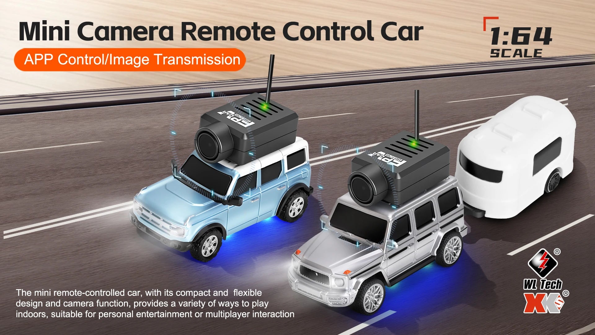 WLtoys 1/64 mini camera car with 720P FPV camera, app control, and 2.4G remote for children, shown on a smooth surface.