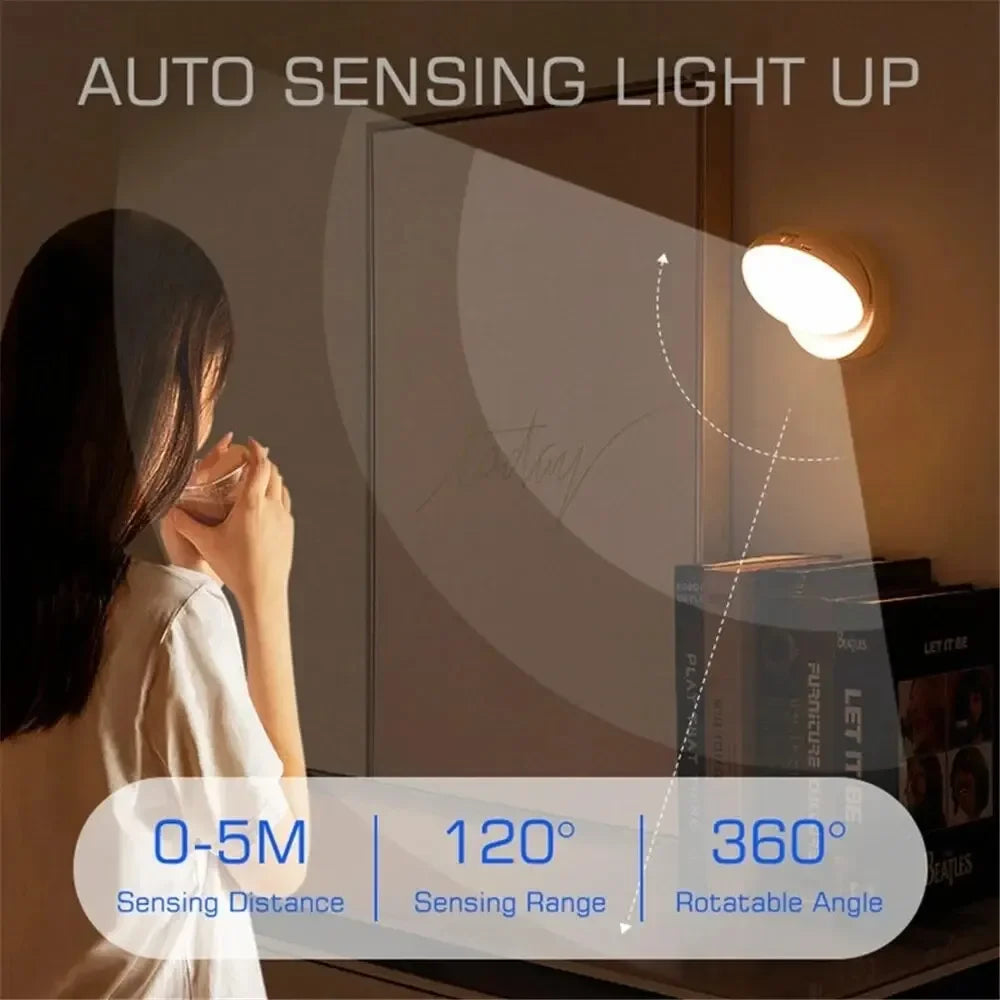 Wireless rechargeable LED night lamp with motion sensor, 360° rotating magnetic base for kitchen, bedroom, or bedside table by Shoppikala.