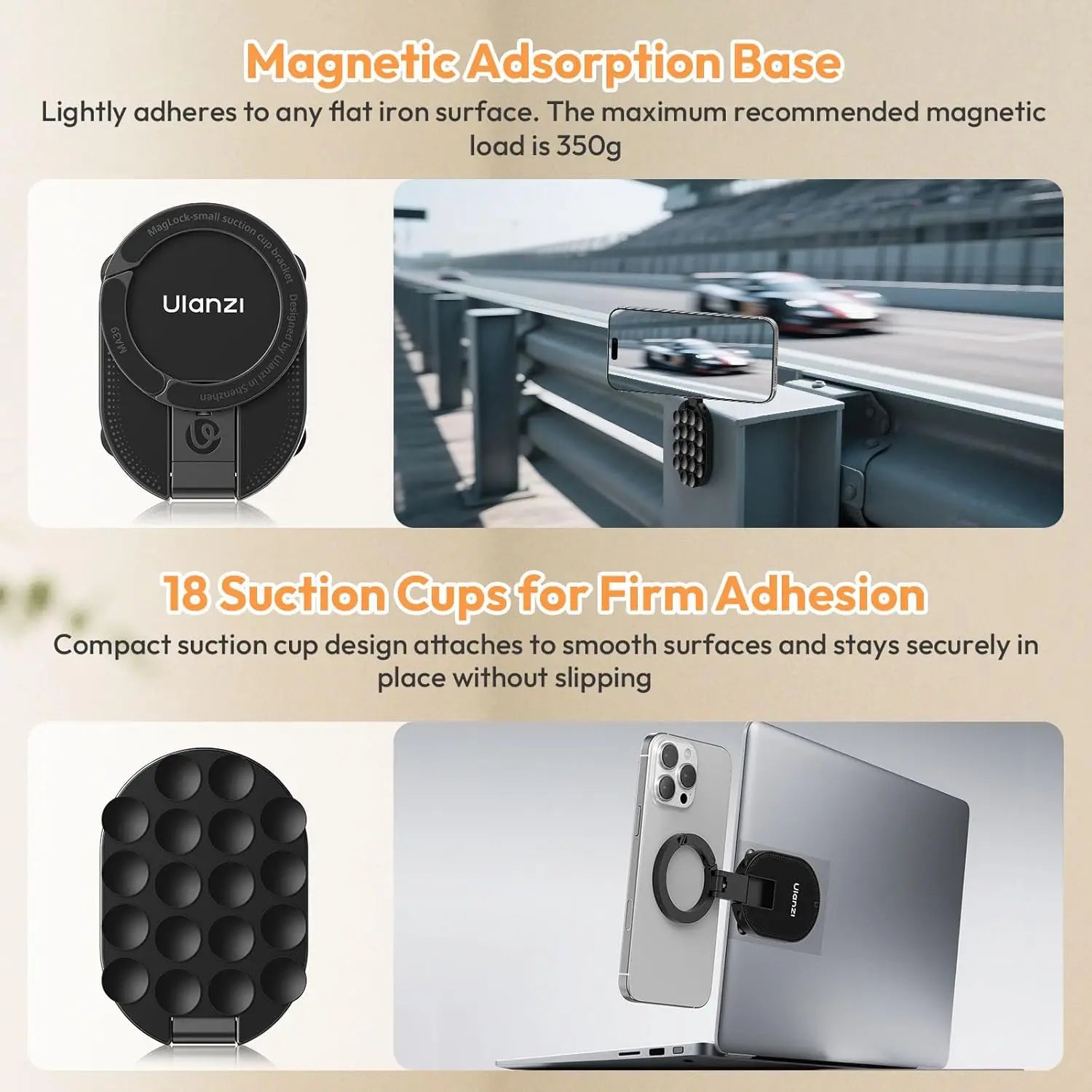 Ulanzi MA39 magnetic smartphone desktop stand with suction cup holding an iPhone on a glass window or laptop surface.