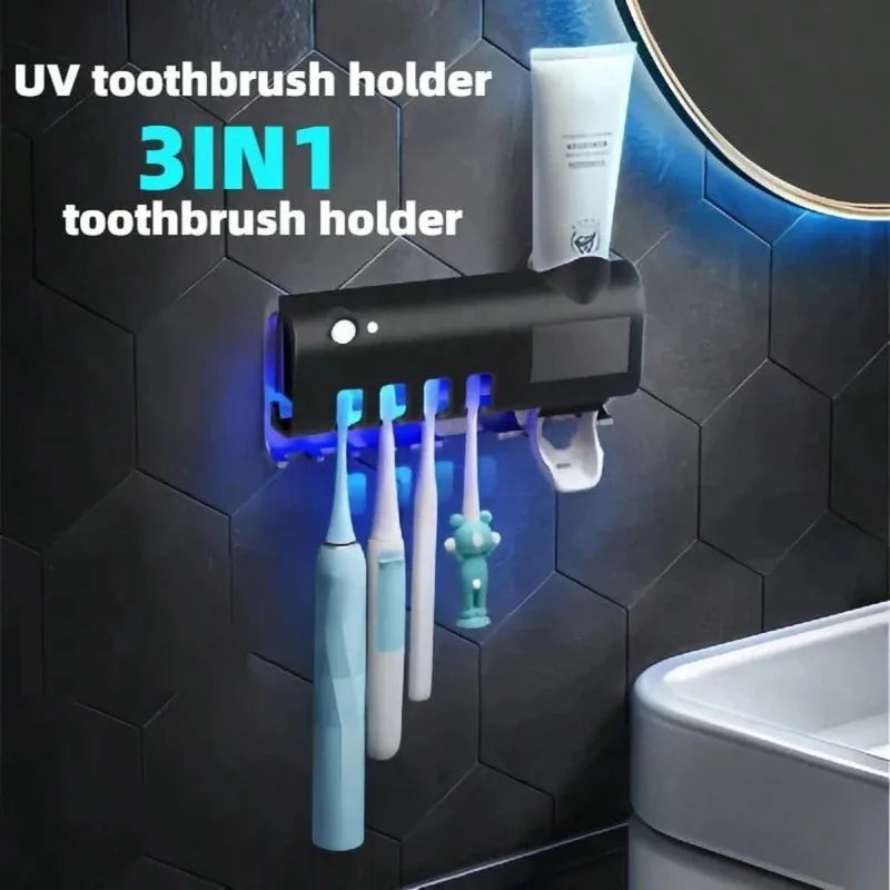 Shoppikala upgraded 3-in-1 electric blue toothbrush holder with toothpaste dispenser and wall-mount, no-drill USB charging.